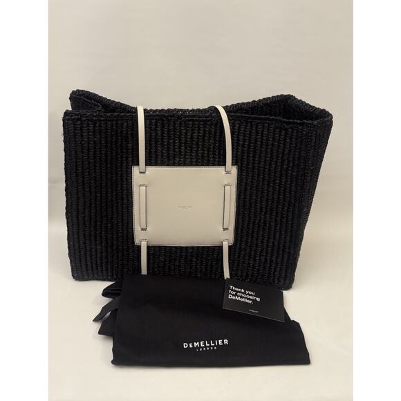 Demellier Large Capri Black Raffia White Leather Tote Bag Shopper Straw $475 - Picture 5 of 10